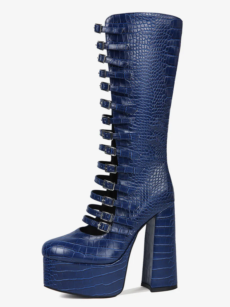 Bottes hautes bleues à plateforme et talons épais grande taille avec boucle
