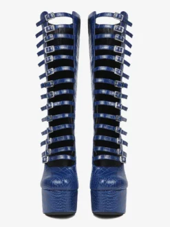 Bottes hautes bleues à plateforme et talons épais grande taille avec boucle