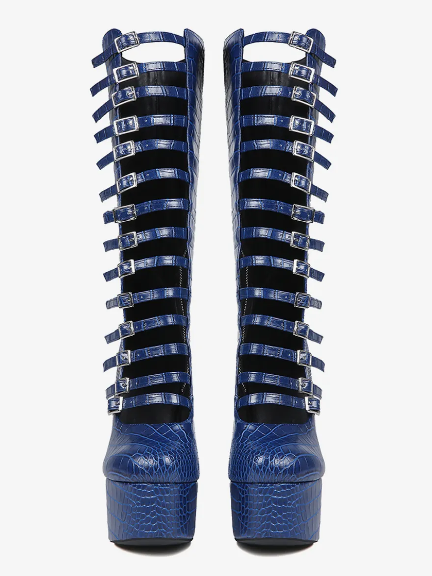 Bottes hautes bleues à plateforme et talons épais grande taille avec boucle
