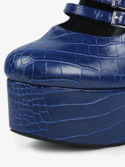 Bottes hautes bleues à plateforme et talons épais grande taille avec boucle