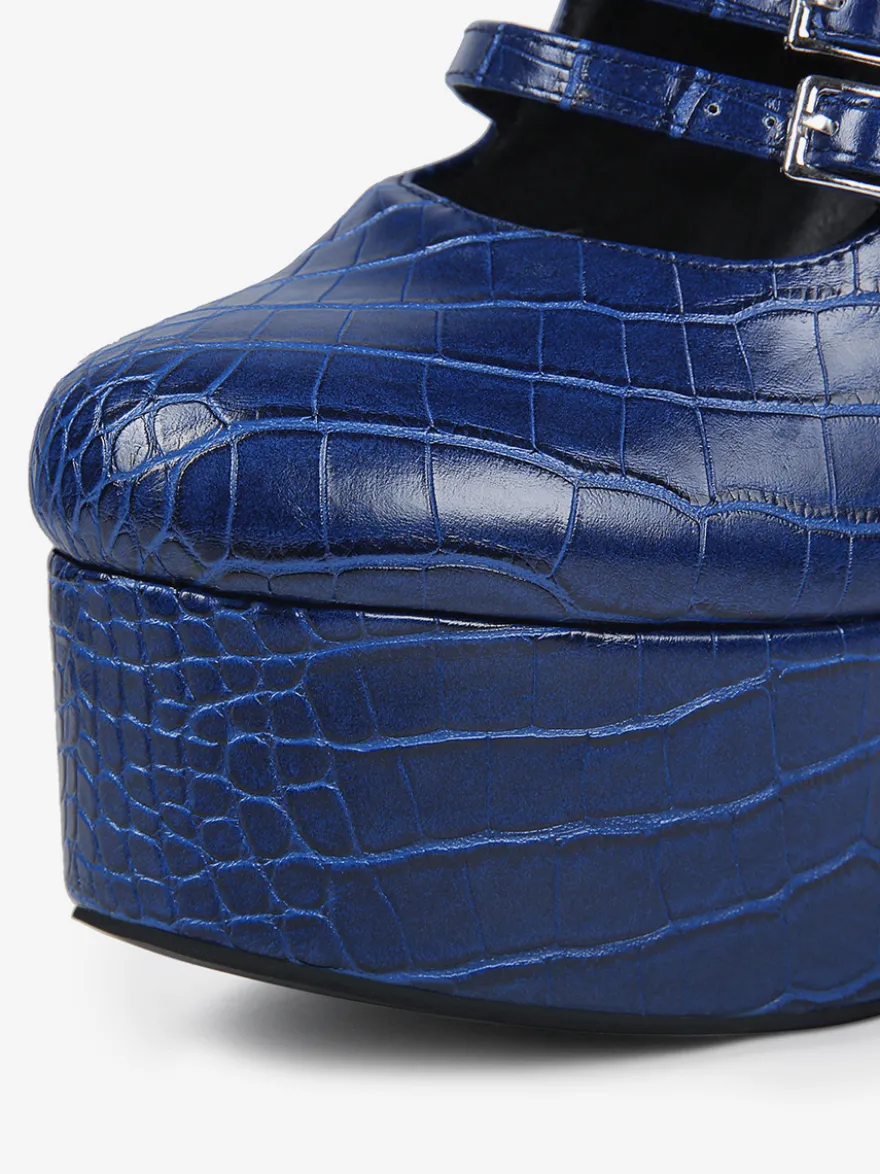 Bottes hautes bleues à plateforme et talons épais grande taille avec boucle