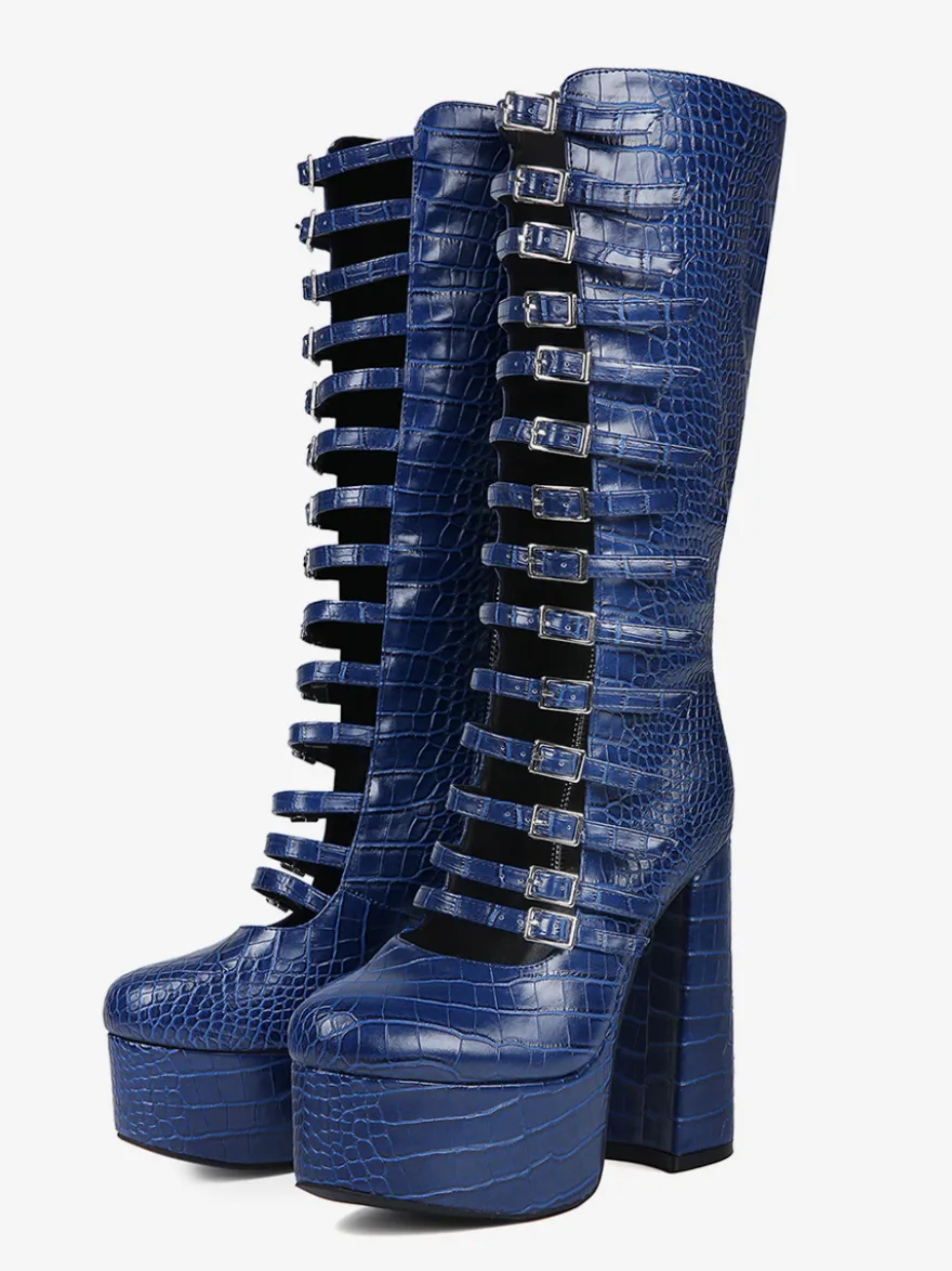Bottes hautes bleues à plateforme et talons épais grande taille avec boucle