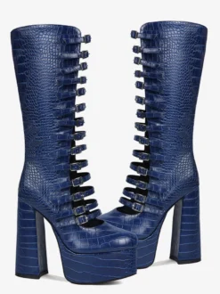 Bottes hautes bleues à plateforme et talons épais grande taille avec boucle