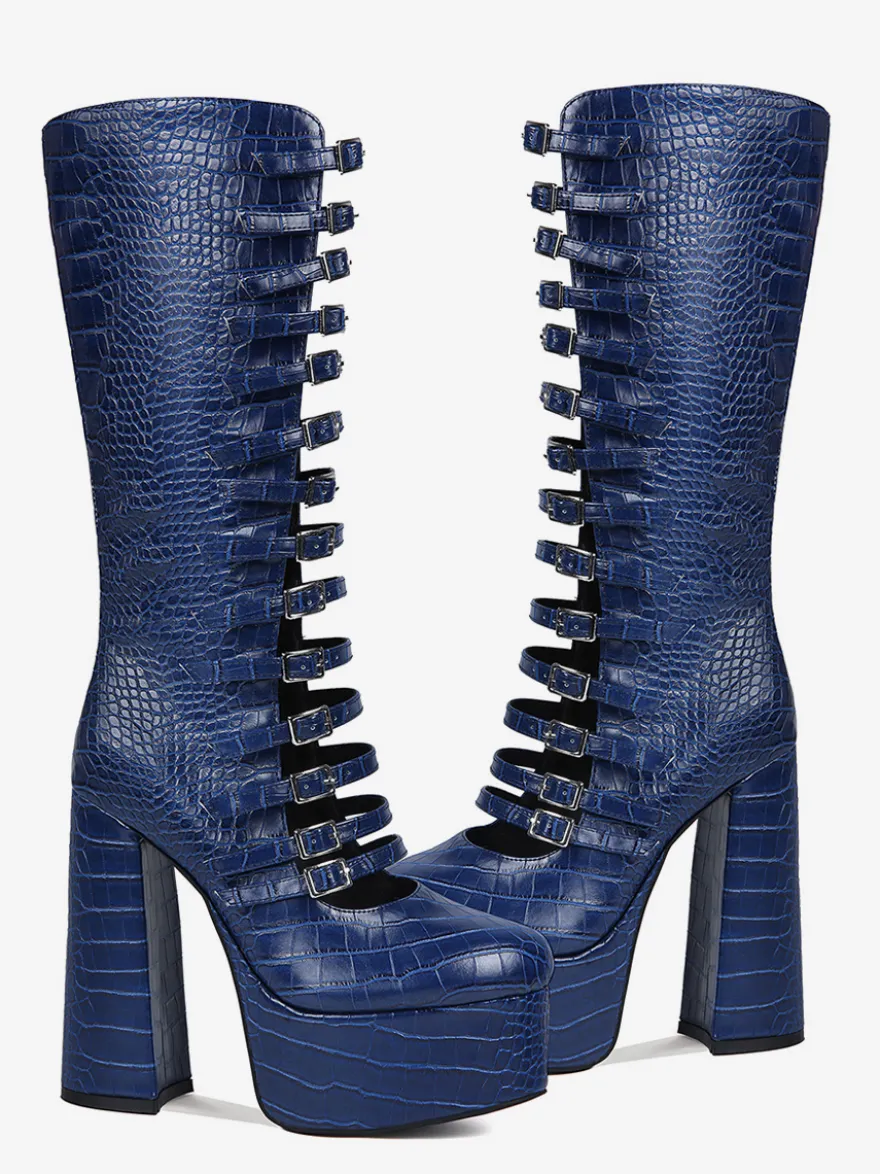 Bottes hautes bleues à plateforme et talons épais grande taille avec boucle