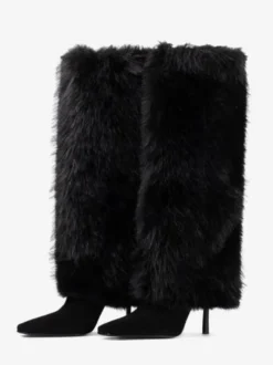 Bottes hautes bordeaux pour femmes bout pointu talons hauts en fausse fourrure.