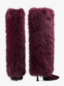 Bottes hautes bordeaux pour femmes bout pointu talons hauts en fausse fourrure.