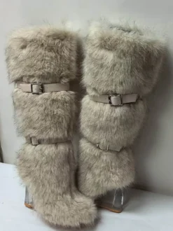 Bottes hautes à bout rond et talon compensé transparent en fausse fourrure pour femmes