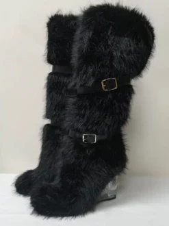 Bottes hautes à bout rond et talon compensé transparent en fausse fourrure pour femmes