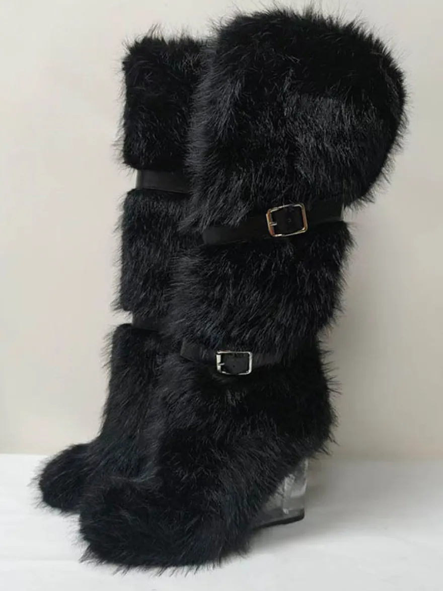 Bottes hautes à bout rond et talon compensé transparent en fausse fourrure pour femmes