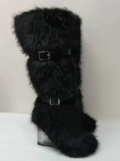 Bottes hautes à bout rond et talon compensé transparent en fausse fourrure pour femmes