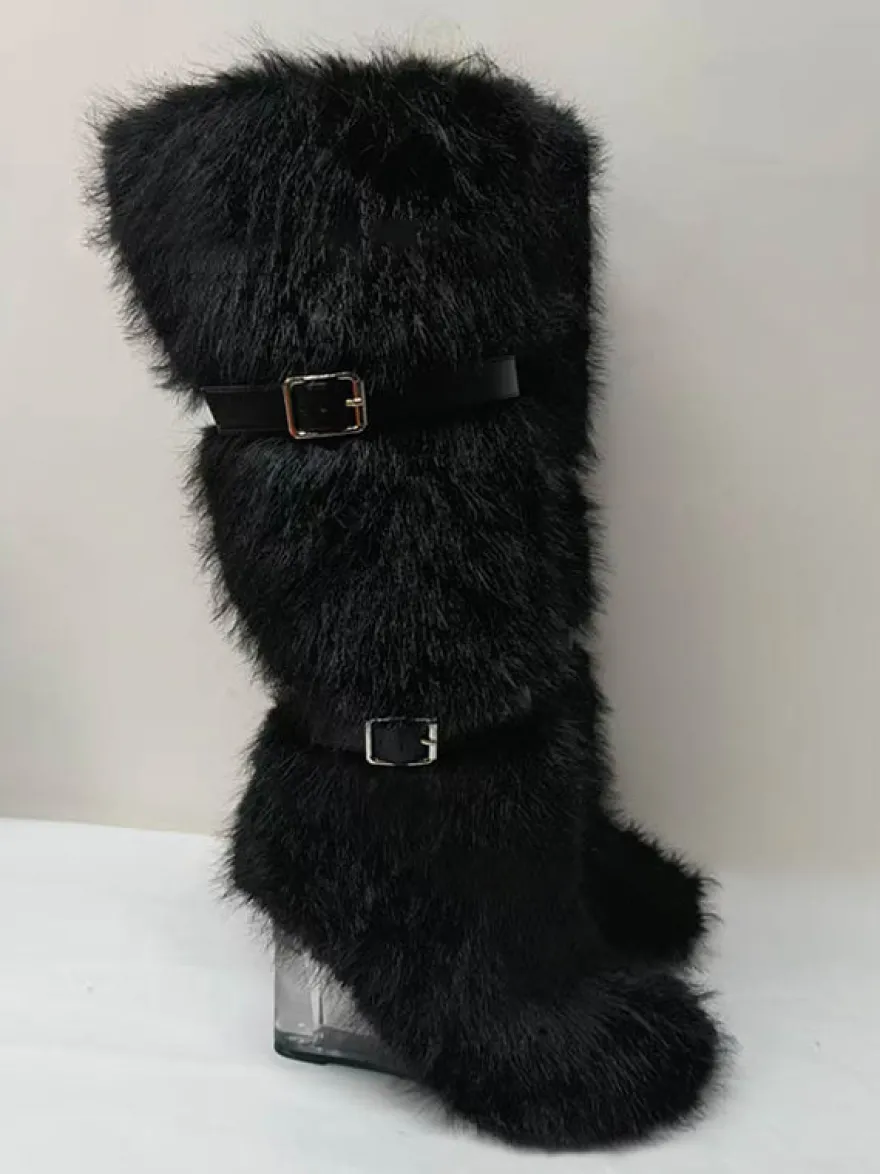 Bottes hautes à bout rond et talon compensé transparent en fausse fourrure pour femmes