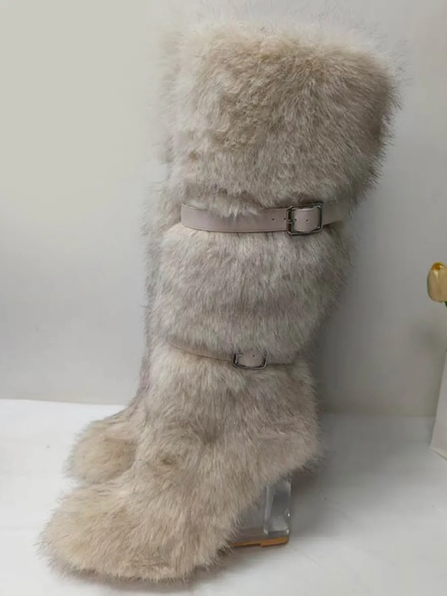 Bottes hautes à bout rond et talon compensé transparent en fausse fourrure pour femmes