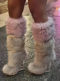 Bottes hautes à bout rond et talon compensé transparent en fausse fourrure pour femmes