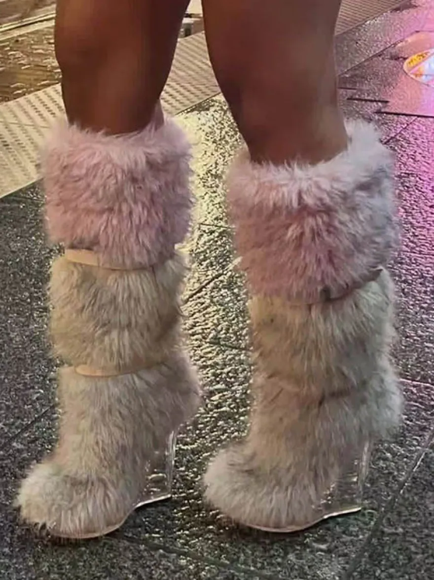 Bottes hautes à bout rond et talon compensé transparent en fausse fourrure pour femmes