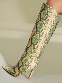 Bottes Hautes Chaussures Femmes Bout Rond Serpent Cuissardes À Talons Aiguilles
