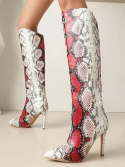 Bottes Hautes Chaussures Femmes Bout Rond Serpent Cuissardes À Talons Aiguilles