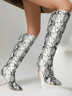 Bottes Hautes Chaussures Femmes Bout Rond Serpent Cuissardes À Talons Aiguilles