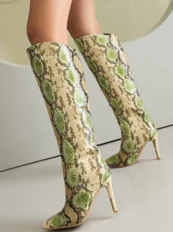 Bottes Hautes Chaussures Femmes Bout Rond Serpent Cuissardes À Talons Aiguilles
