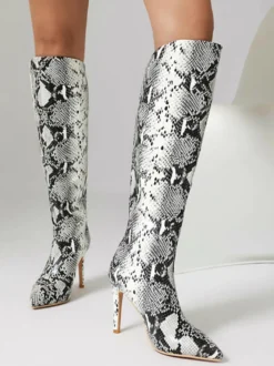 Bottes Hautes Chaussures Femmes Bout Rond Serpent Cuissardes À Talons Aiguilles