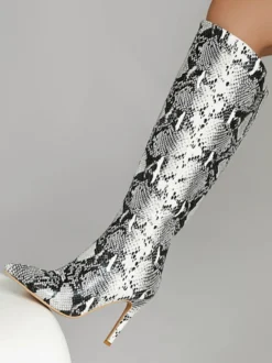 Bottes Hautes Chaussures Femmes Bout Rond Serpent Cuissardes À Talons Aiguilles