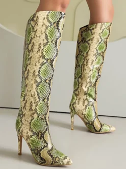 Bottes Hautes Chaussures Femmes Bout Rond Serpent Cuissardes À Talons Aiguilles