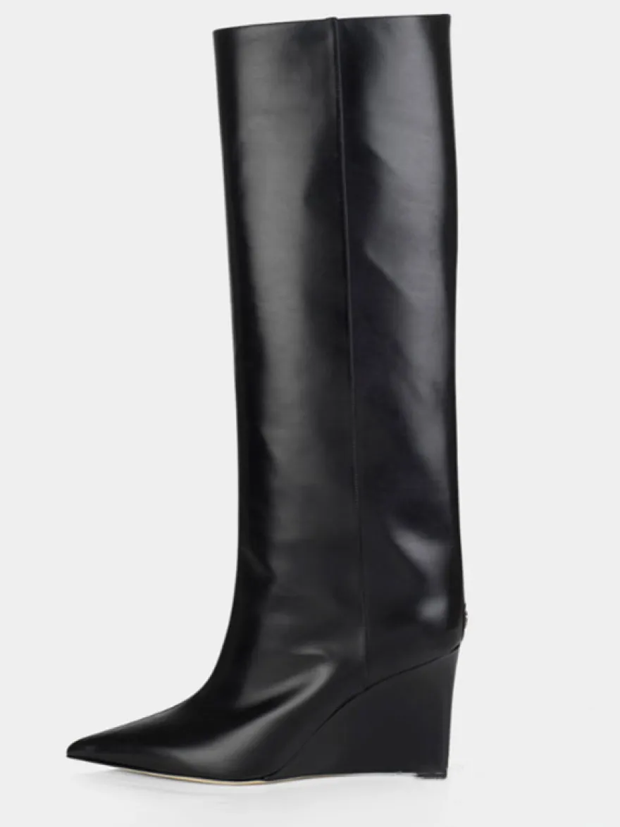 Bottes hautes dorées à bout pointu et talons compensés