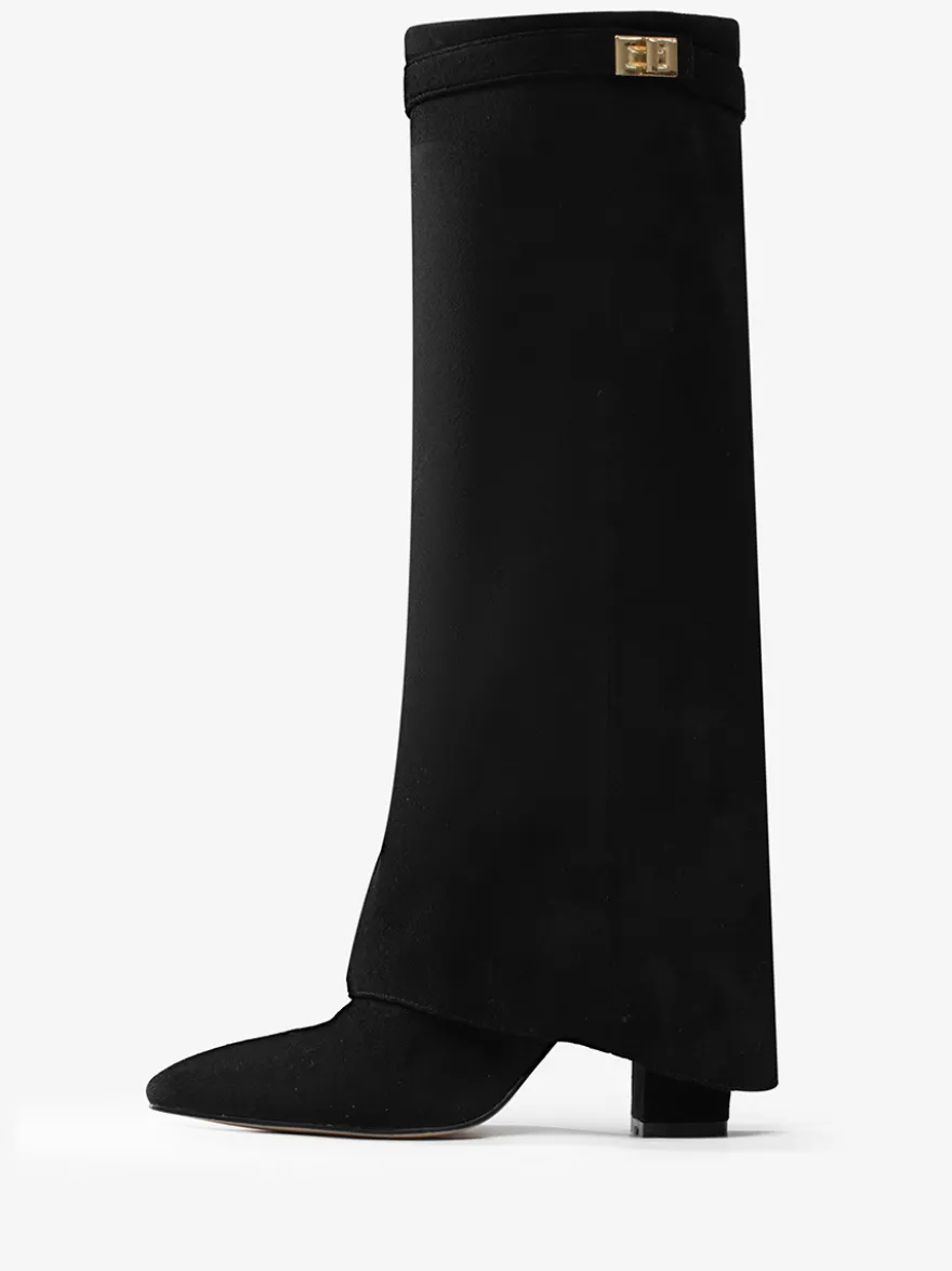 Bottes hautes en daim abricot à bout pointu avec boucle et fermeture éclair et talon épais