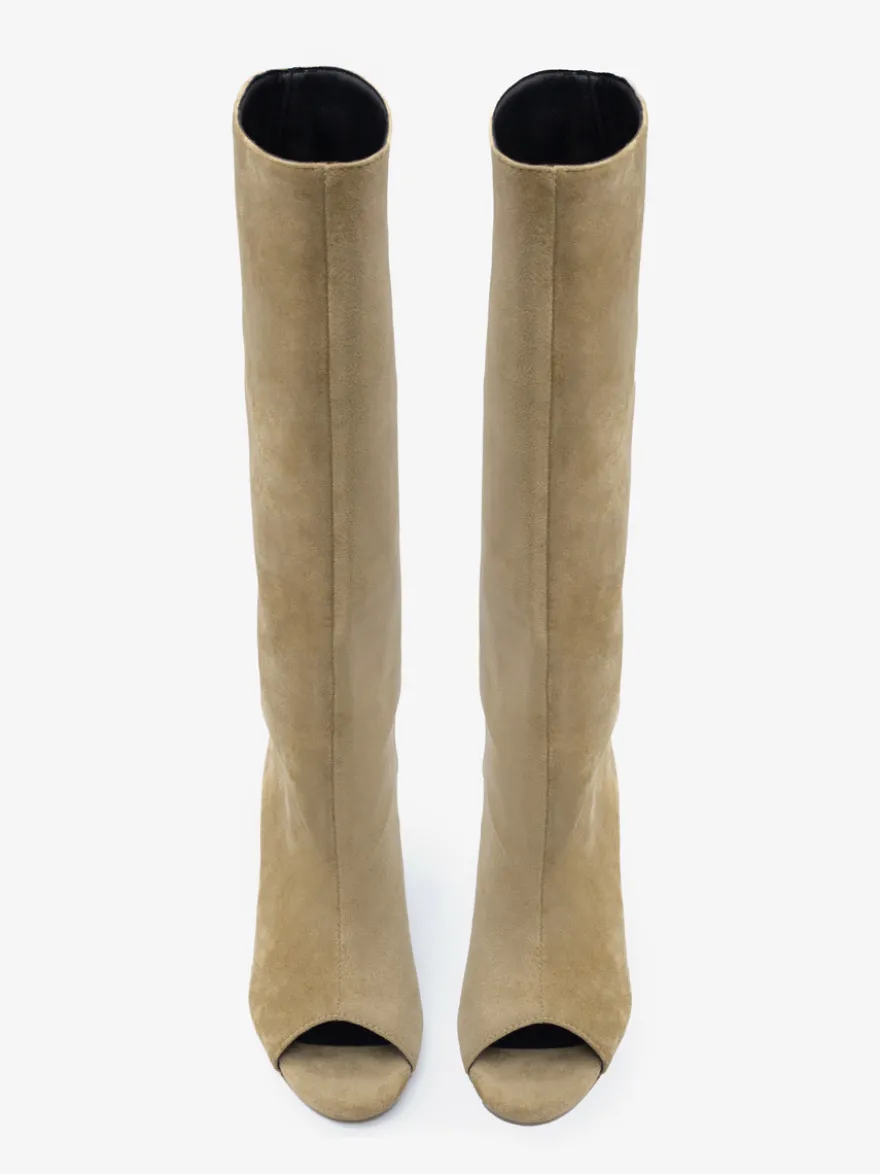 Bottes hautes en daim à bout ouvert et talon design