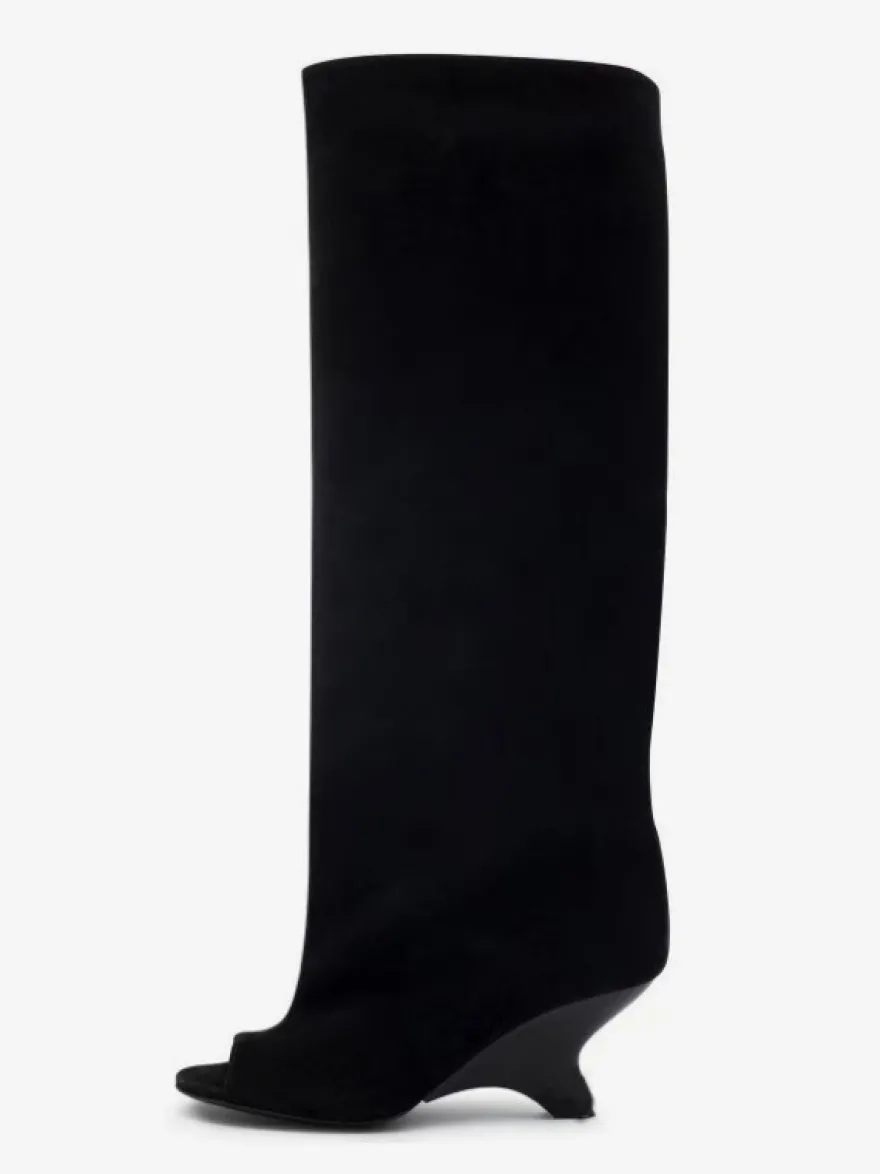 Bottes hautes en daim à bout ouvert et talon design
