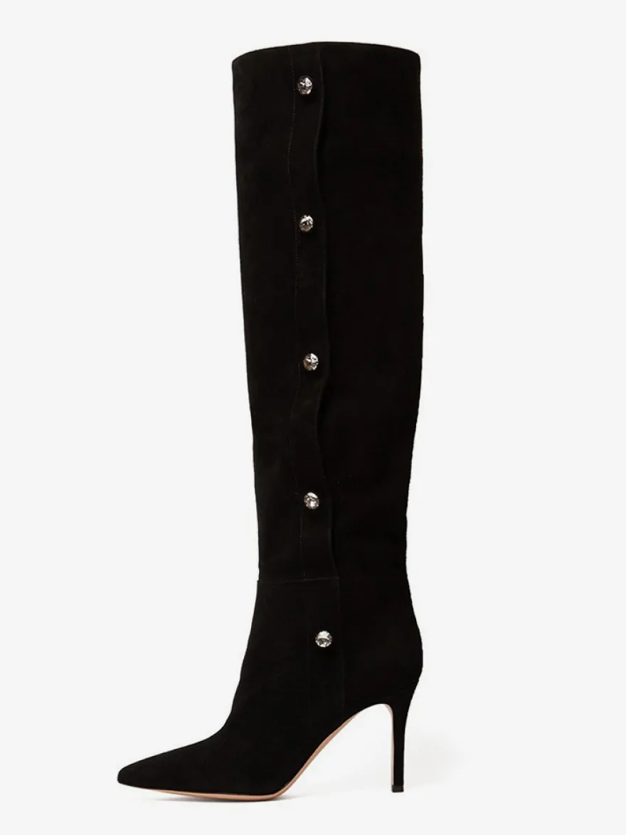 Bottes hautes en daim à bout pointu et talons hauts perlés pour femmes
