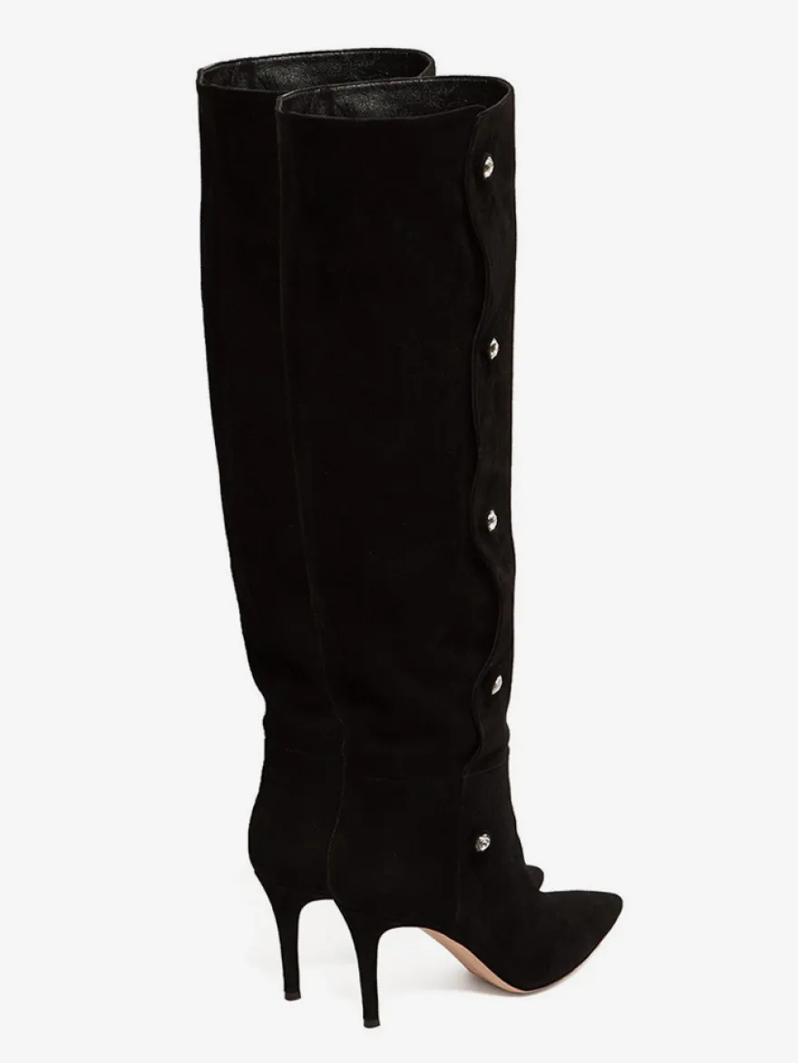 Bottes hautes en daim à bout pointu et talons hauts perlés pour femmes