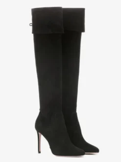 Bottes hautes en daim à bout pointu et talon haut repliable pour femmes