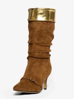 Bottes hautes en daim à bout pointu et boucle à talon moyen
