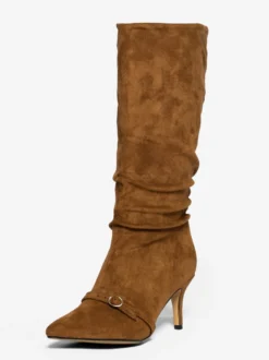 Bottes hautes en daim à bout pointu et boucle à talon moyen