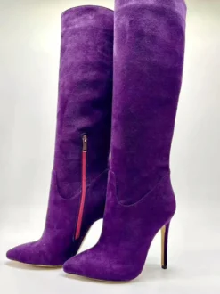 Bottes hautes en daim à bout pointu et à talons hauts avec fermeture éclair