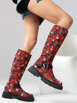 Bottes hautes en daim femmes bottes plates noires à bout rond