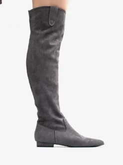 Bottes hautes en daim grises à bout pointu et plates