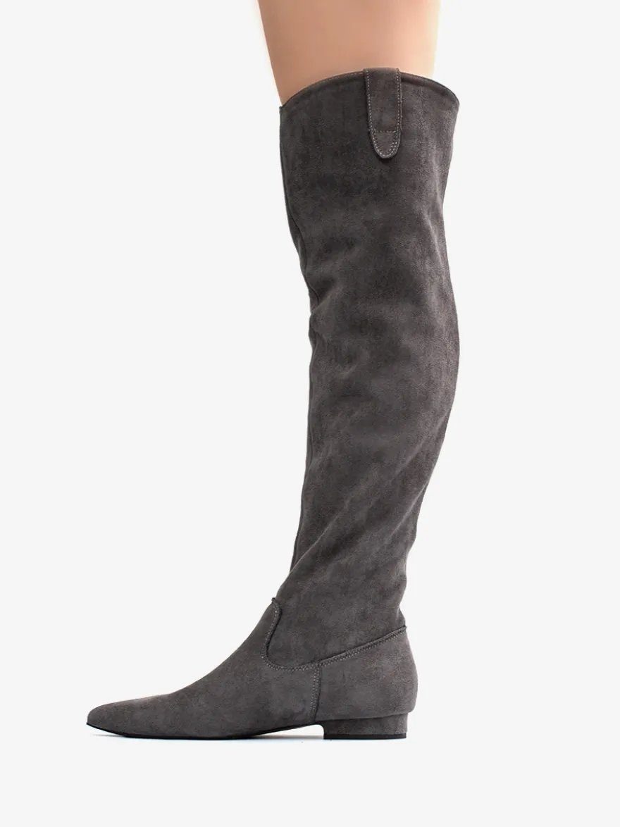 Bottes hautes en daim grises à bout pointu et plates