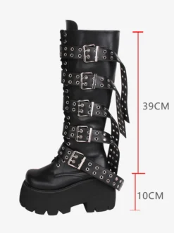 Bottes hautes gothiques épaisses Lolita en cuir PU à bout rond chaussures Lolita noires