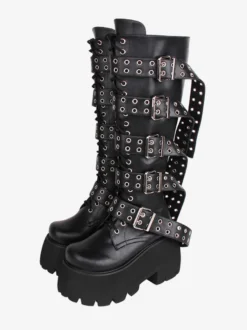 Bottes hautes gothiques épaisses Lolita en cuir PU à bout rond chaussures Lolita noires