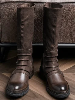 Bottes Hautes Hommes En Cuir En Boucle Bottes De Chevalier Classique Marron Café