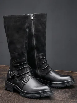 Bottes Hautes Hommes En Cuir En Boucle Bottes De Chevalier Classique Marron Café
