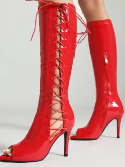 Bottes hautes noires à bout ouvert et lacets à talons hauts