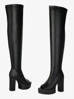 Bottes hautes noires à bout ouvert et plateforme à talon épais