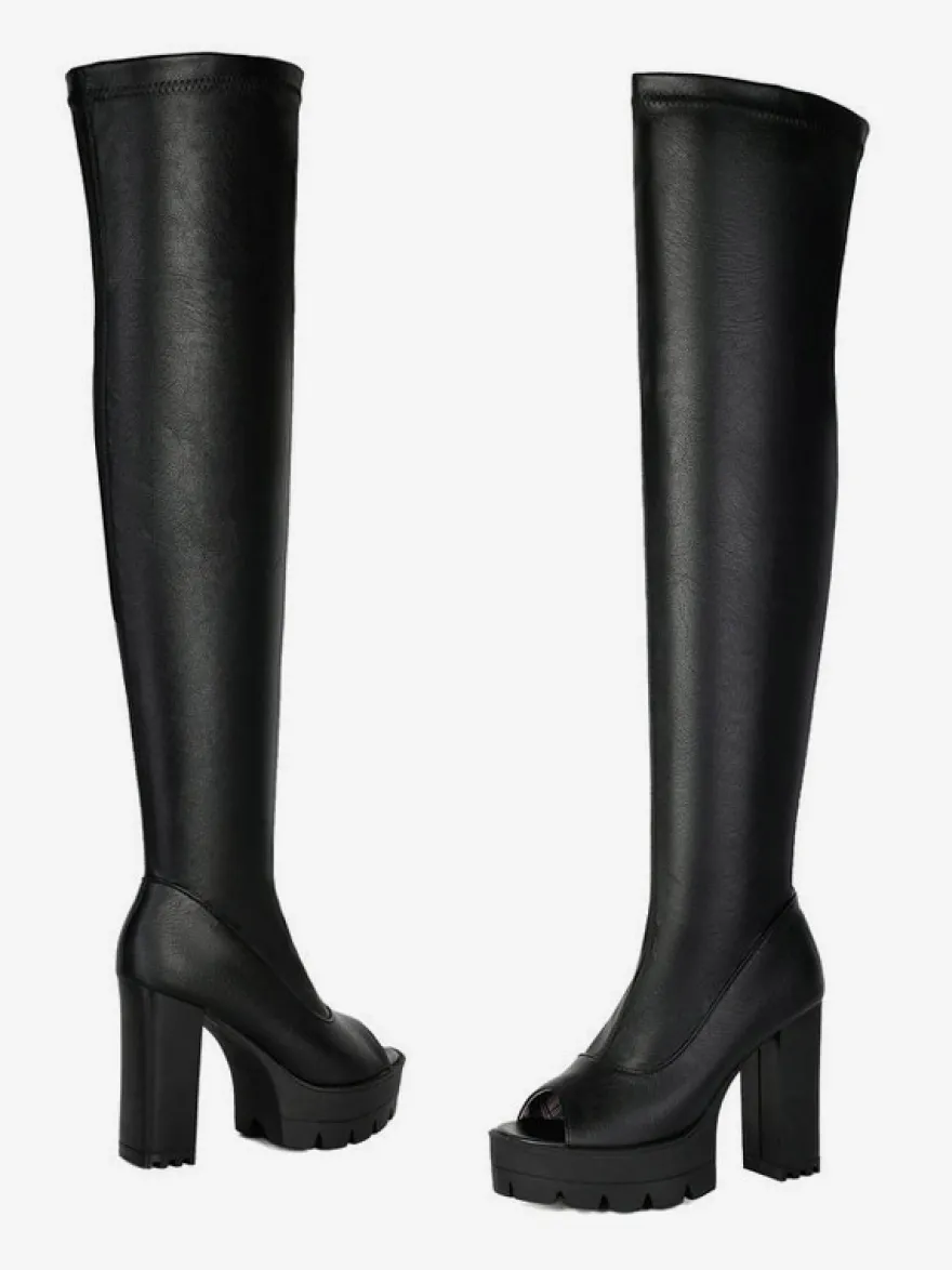Bottes hautes noires à bout ouvert et plateforme à talon épais