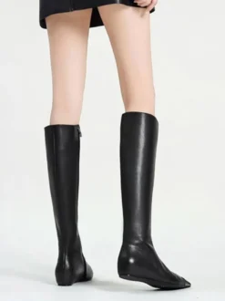 Bottes hautes noires à bout pointu bottes plates au genou pour femme