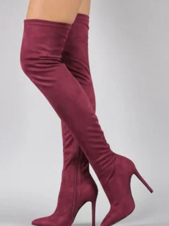 Bottes hautes noires à bout pointu en daim au-dessus du genou Bottes élastiques