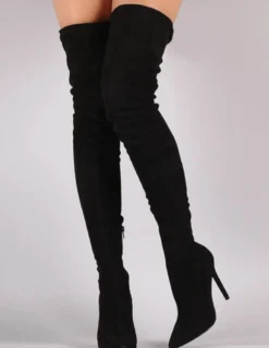 Bottes hautes noires à bout pointu en daim au-dessus du genou Bottes élastiques
