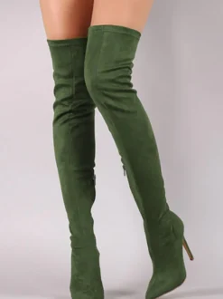 Bottes hautes noires à bout pointu en daim au-dessus du genou Bottes élastiques