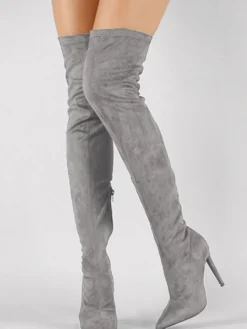 Bottes hautes noires à bout pointu en daim au-dessus du genou Bottes élastiques